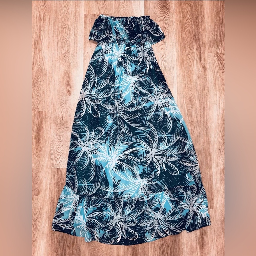 Moda International Women’s Strapless Tropical Ruffle Maxi Dress Size Small
